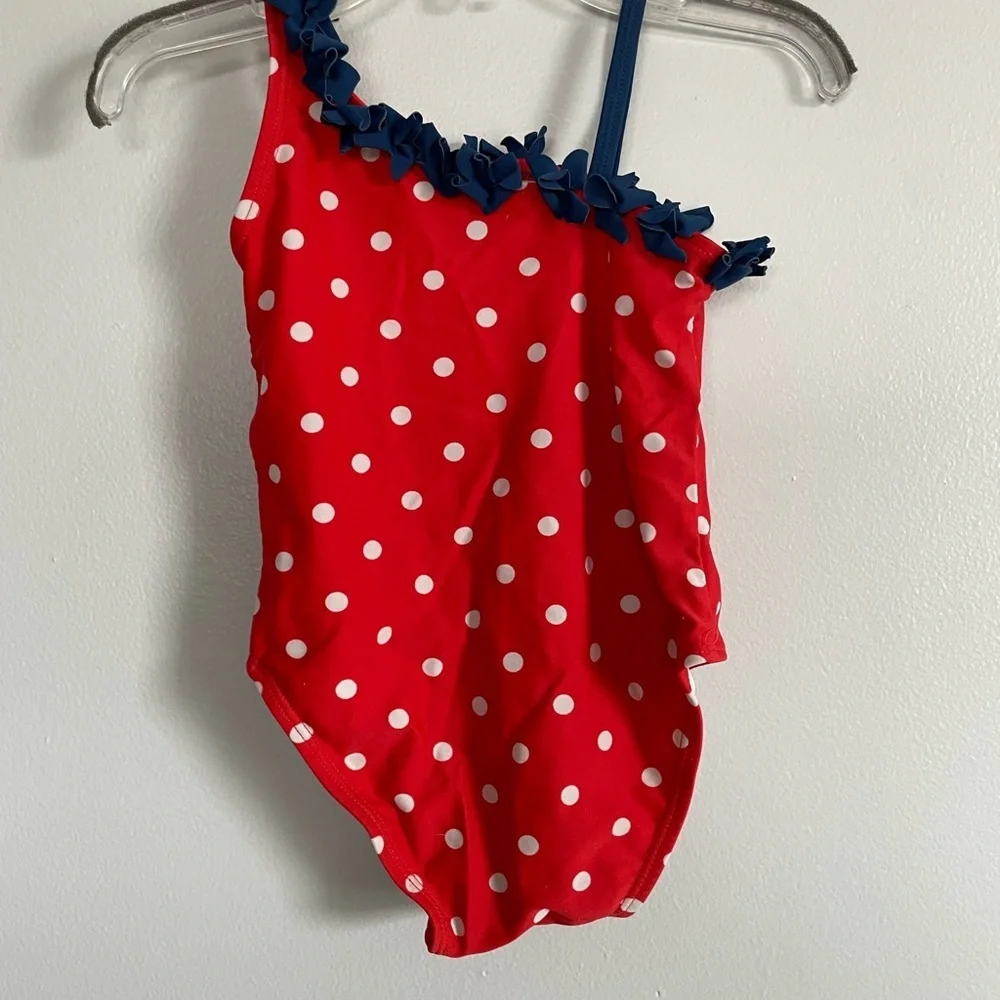Wave Zone Red Polka Dot Kids Swimsuit size 2T with navy blue ruffle